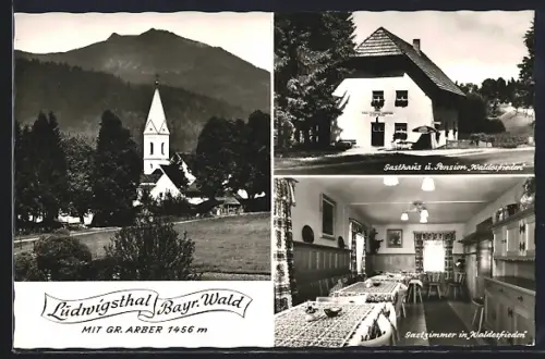 AK Ludwigsthal / Lindberg, Kirche, Gasthaus u. Pension Waldesfrieden, Gastzimmer Waldesfrieden