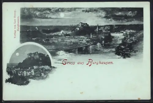 Mondschein-AK Burghausen / Salzach, Stadtansicht und Burg