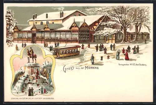 Winter-Lithographie Duisburg, Gasthaus Monning, Denkmal Kaiser Wilhelm I. auf dem Kaiserberg, Strassenbahn