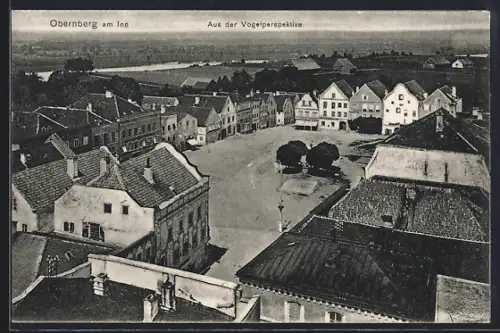 AK Obernberg am Inn, Platz mit Flussblick aus der Vogelschau