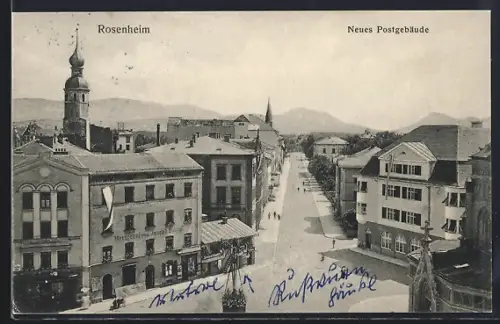 AK Rosenheim / Bayern, Postgebäude, Metzgerei Huber, Kirche, Strassenkreuzung aus der Vogelschau