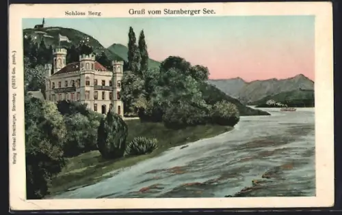Goldfenster-AK Starnberg, Schloss Berg mit Starnberger See und Bergpanorama, mit leuchtenden Fenstern