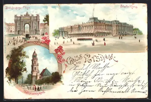 Lithographie Potsdam, Stadtschloss, Brandenburger Thor, Garnisonkirche, Kutsche, Leute, Blumenverzierung