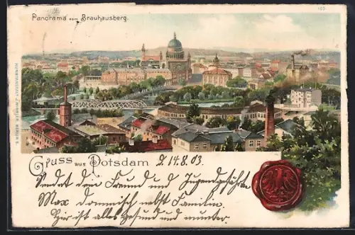 Lithographie Potsdam, Teilansicht aus der Vogelschau, Siegel