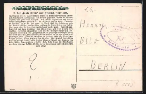 AK Der erste Hohenzoller in der Mark, Karte Nr. 2, Die faule Grete vor Friesack, Februar 1414