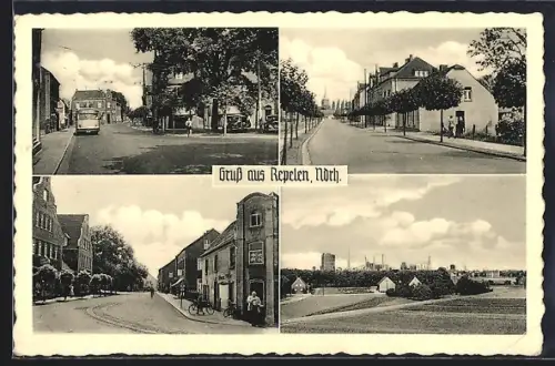 AK Repelen /Ndrh., Strassenpartien, Ortspanorama mit Feldern