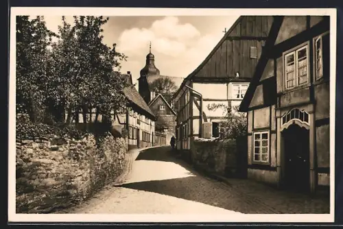 AK Soest, romantische Partie an alten Fachwerkhäusern mit Blick nach der Kirche
