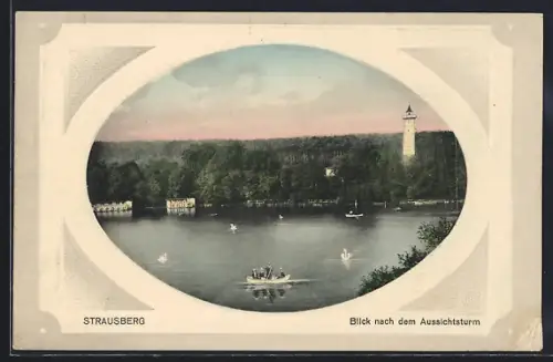 Präge-AK Strausberg, Wasserpartie mit Ausssichtsturm aus der Vogelschau, im Rahmen