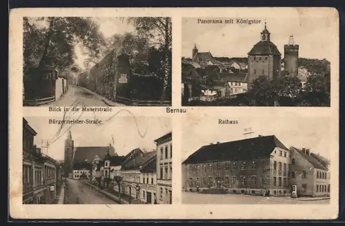 AK Bernau / Mark, Mauerstrasse, Bürgermeister-Strasse mit Kirche, Panorama mit Königstor