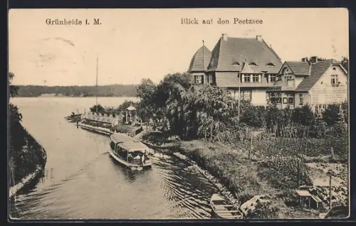 AK Grünheide i. M., Peetzsee-Blick mit Booten und Gebäude aus der Vogelschau