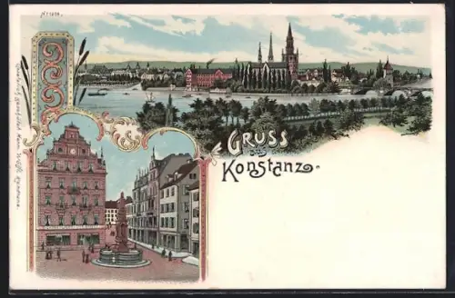 Lithographie Konstanz, Platz mit Obelisk, Stadtpanorama mit Booten u. Brücke