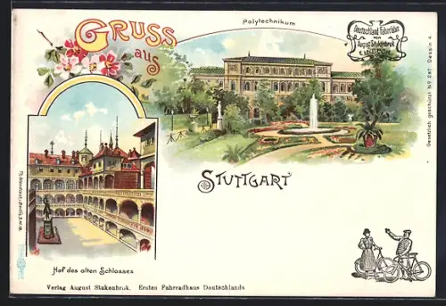 Lithographie Stuttgart, Polytechnikum, Hof des alten Schlosses, Paar mit Fahrrädern, Reklame Stukenbrok Fahrräder