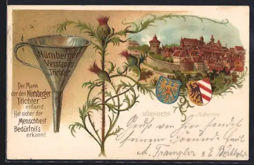 Lithographie Nürnberg, Ortsansicht, Wappen, Nürnberger Trichter