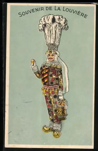 AK Reklame der Firma Souvenir de la Louviére, Koch mit übergrosser Mütze und Kleidung in Wappenfarben