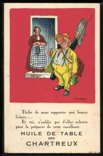 Künstler-AK Reklamekarte der Speiseölfirma Charteux, Mann verabschiedet sich von seiner Frau