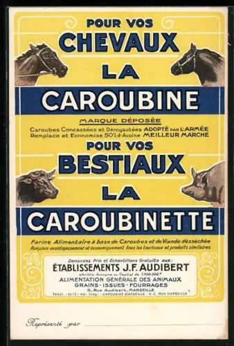 AK Marseille, Reklamekarte für Tierfutter von Geschäft J.F. Audibert, verschiedene Tiere