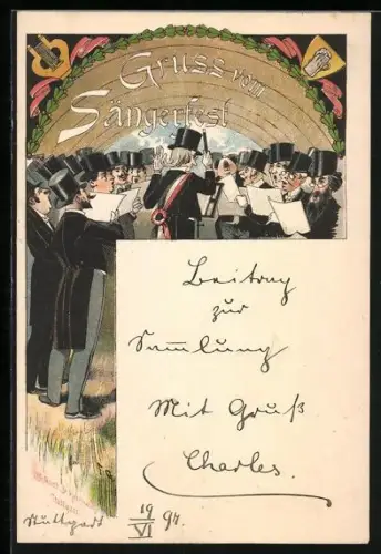 AK Grusskarte vom Sängerfest, Männerchor bei Singen