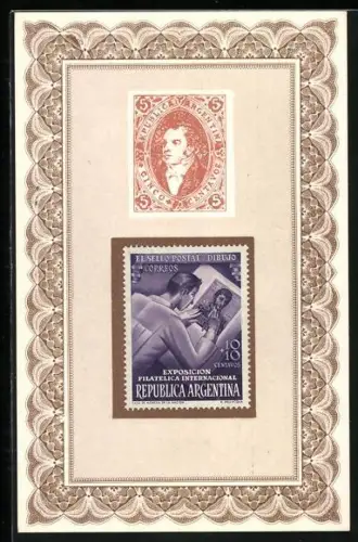 AK Argentische Briefmarken, Portrait, Briefmarkenzeichner bei der Arbeit