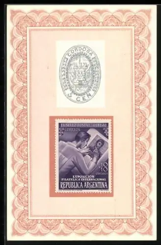 AK Provincia de Cordoba, Argentinische Briefmarken, Turm in Cordoba, Briefmarkenzeichner bei der Arbeit