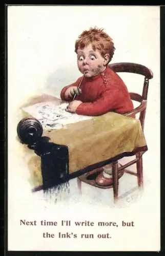 Künstler-AK Kleiner Junge beim Schreiben mit umgefallenden Tintenfass