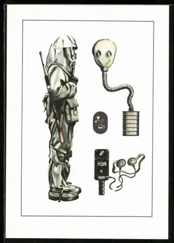 AK Soldat der NVA mit Schutzanzug, Schutzmaske, Laufbahnabzeichen Chemischer Dienst und Kernstrahlungsmessgerät