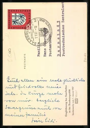 AK Eingliederung des Saarlandes in die Bundesrepublik am 1. Januar 1957, Landkarte