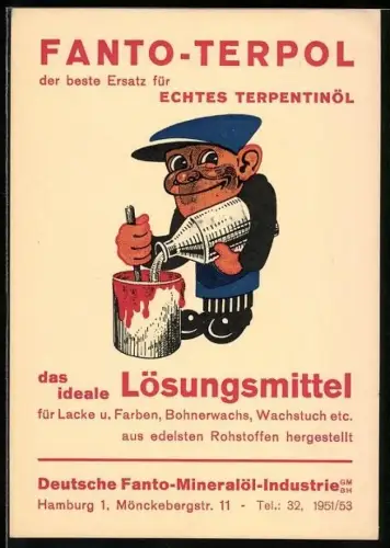 AK Hamburg, Reklamekarte der Marke Fanto-Terpol, Handwerker befüllt einen Farbeimer mit Lösungsmittel