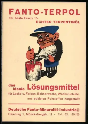 AK Hamburg, Reklamekarte der Marke Fanto-Terpol, Handwerker befüllt einen Farbeimer mit Lösungsmittel