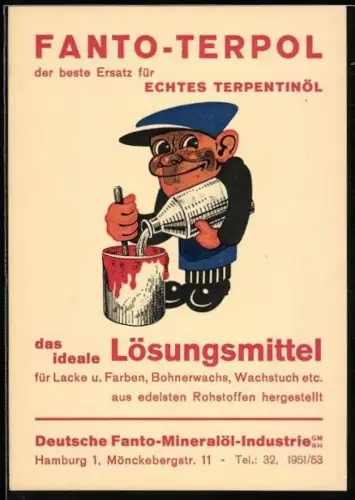 AK Hamburg, Reklamekarte der Marke Fanto-Terpol, Handwerker mit einem Farbeimer