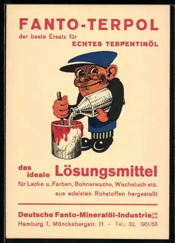 AK Hamburg, Reklamekarte der Marke Fanto-Terpol, Handwerker befüllt einen Farbeimer