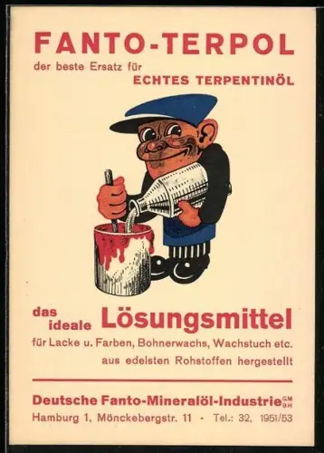 AK Hamburg, Reklamekarte der Marke Fanto-Terpol, Handwerker befüllt einen Farbeimer mit Lösungsmittel
