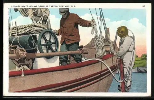 AK Tarpon Springs, Fla, Sponge Diver going down, Taucher im Taucheranzug