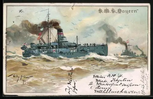 Künstler-AK Stoewer: Kriegsschiff S. M. S. Sachsen auf hoher See