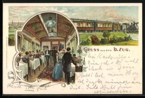Lithographie Gruss aus dem D. Zug, Eisenbahn-Restaurant Aug. Flohr / Frankfurt a. Main