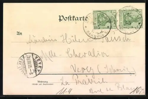 Lithographie Gruss aus dem D. Zug, Eisenbahn-Restaurant Aug. Flohr / Frankfurt a. Main