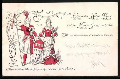 Künstler-AK Köln, Kölner Bauer und Kölner Jungfrau 1898, Prunkmahl im Gürzenich