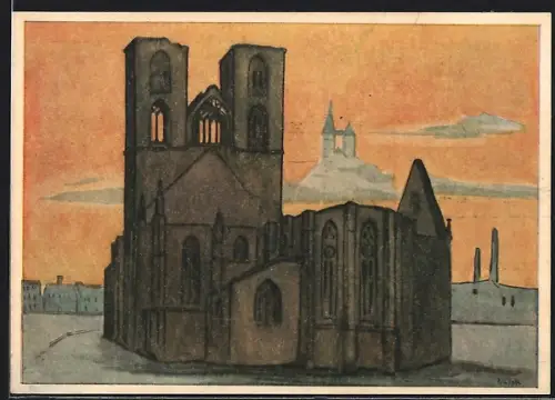 Künstler-AK Halberstadt, Bausteinkarte zum Wiederaufbau der Martinikirche