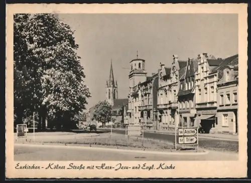 AK Euskirchen, Kölner Strasse mit Herz-Jesu- und evangelischer Kirche