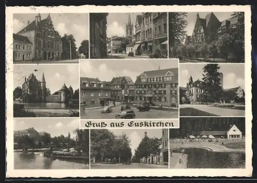 AK Euskirchen, Ortspartien Kirche Schwimmbad und Burg am Wasser