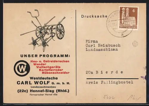 AK Hennef-Sieg, /Rhld., Reklamekarte der Firma Carl Wolf Landmaschinenbau