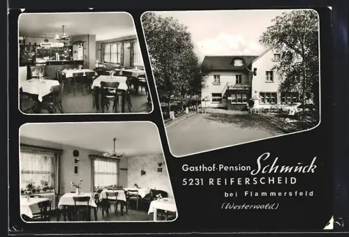AK Reiferscheid, Gasthof Schmück, Gesamtansicht und Speisesaal mit Theke