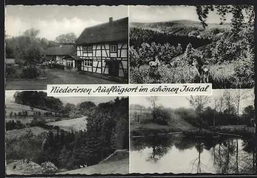 AK Niederirsen, Landschaftspartien mit Wäldern, Teich und altes Fachwerkshaus