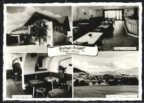 AK St. Georgen /O.Ö., Gasthof Prügger, Innenansicht, Ortsansicht und Gesamtansicht