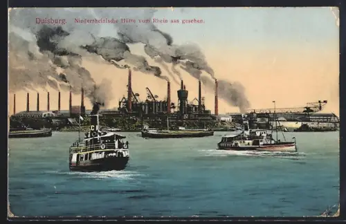 AK Duisburg, Niederrheinische Hütte vom Rhein aus gesehen, Schiffe