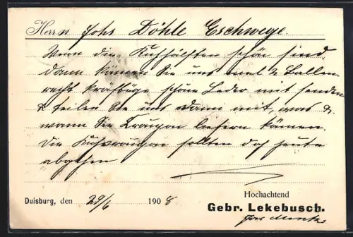 AK Duisburg, Gebr. Lekebusch, Friedrich Wilhelmstrasse 7II, Geschäftspostkarte