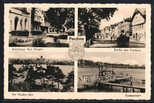 AK Parchim, Kulturhaus Kurt Bürger, Strasse des Friedens, Am Wocker-See, Badeanstalt