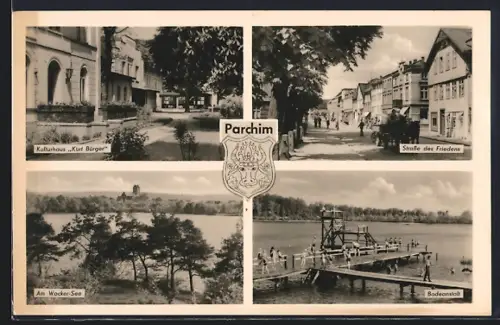 AK Parchim, Kulturhaus Kurt Bürger, Strasse des Friedens, Am Wocker-See, Badesteg