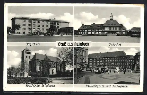 AK Hamborn / Duisburg, Bergschule, Bahnhof, Abteikirche St. Johann, Rathausplatz mit Amtsgericht