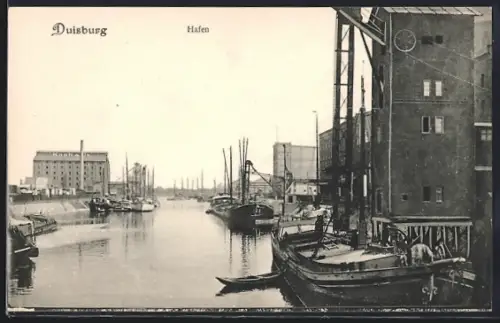AK Duisburg, Hafen, Schiffe, Speichergebäude