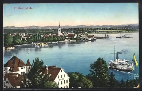 AK Friedrichshafen, Dampfschiff, Stadtansicht mit Kirche